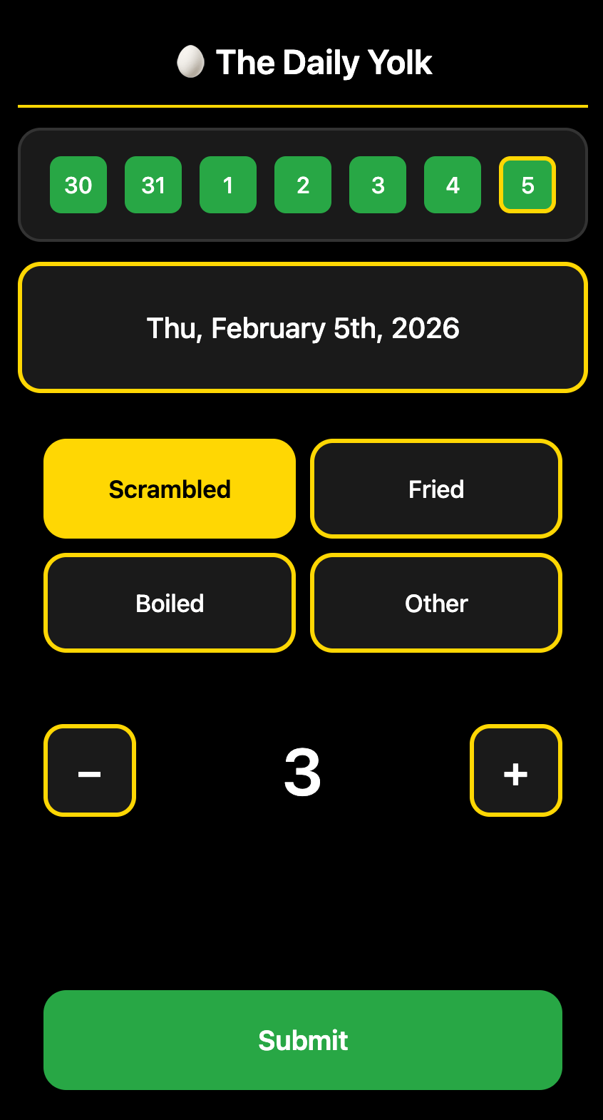 Screenshot of DailyYolk interface showing the input panel and weekly view