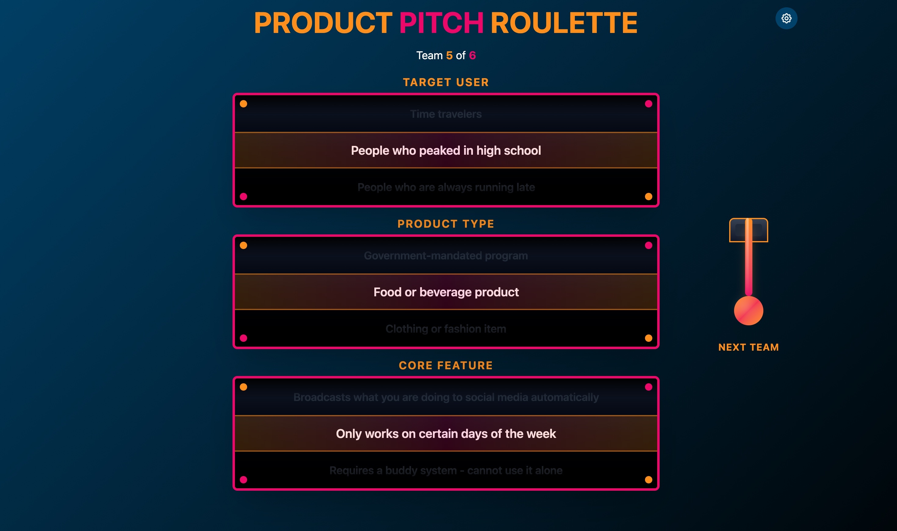 Screenshot of the Product Pitch Roulette slot machine interface