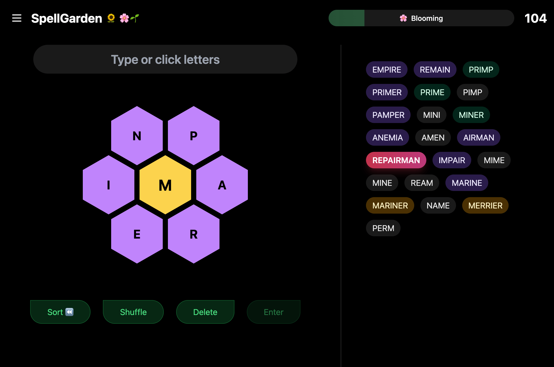 Screenshot of SpellGarden game board